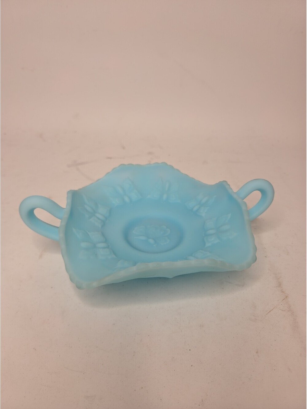 Vintage Fenton Blue Satin Glass Butterfly Berry 2 Handle Bonbon Candy Dish